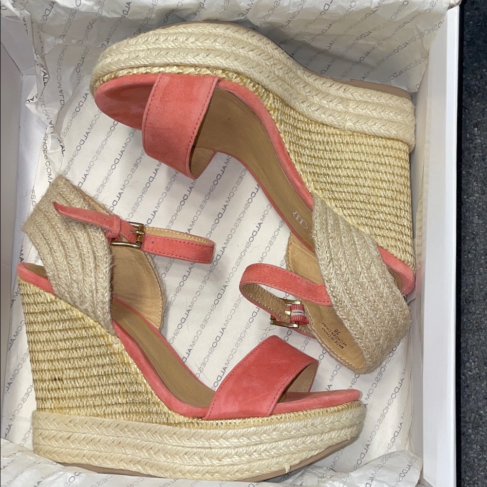 Aldo Coral and Tan Wedge Sandals